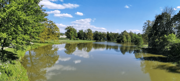 Fluss in grüner Landschaft mit blauem Himmel und weißen Wolken die sich darin spiegeln